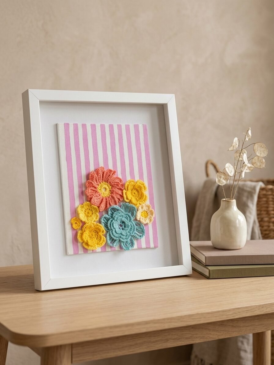 Creative textile illustration featuring flowers, threads, and artistic craftsmanship