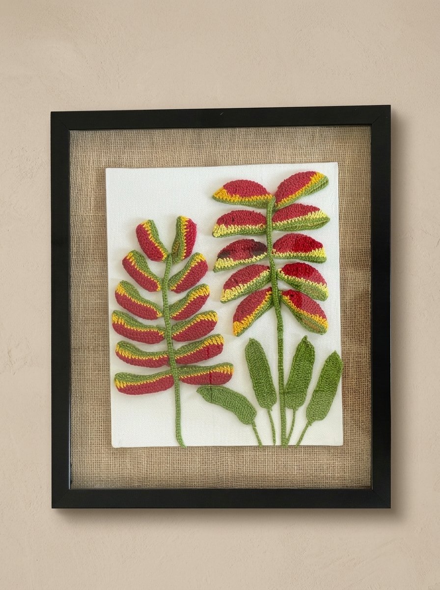 Tropical Echo Wall Art handcrafted crochet tropical heliconia botanical artwork by Lilium and Loft