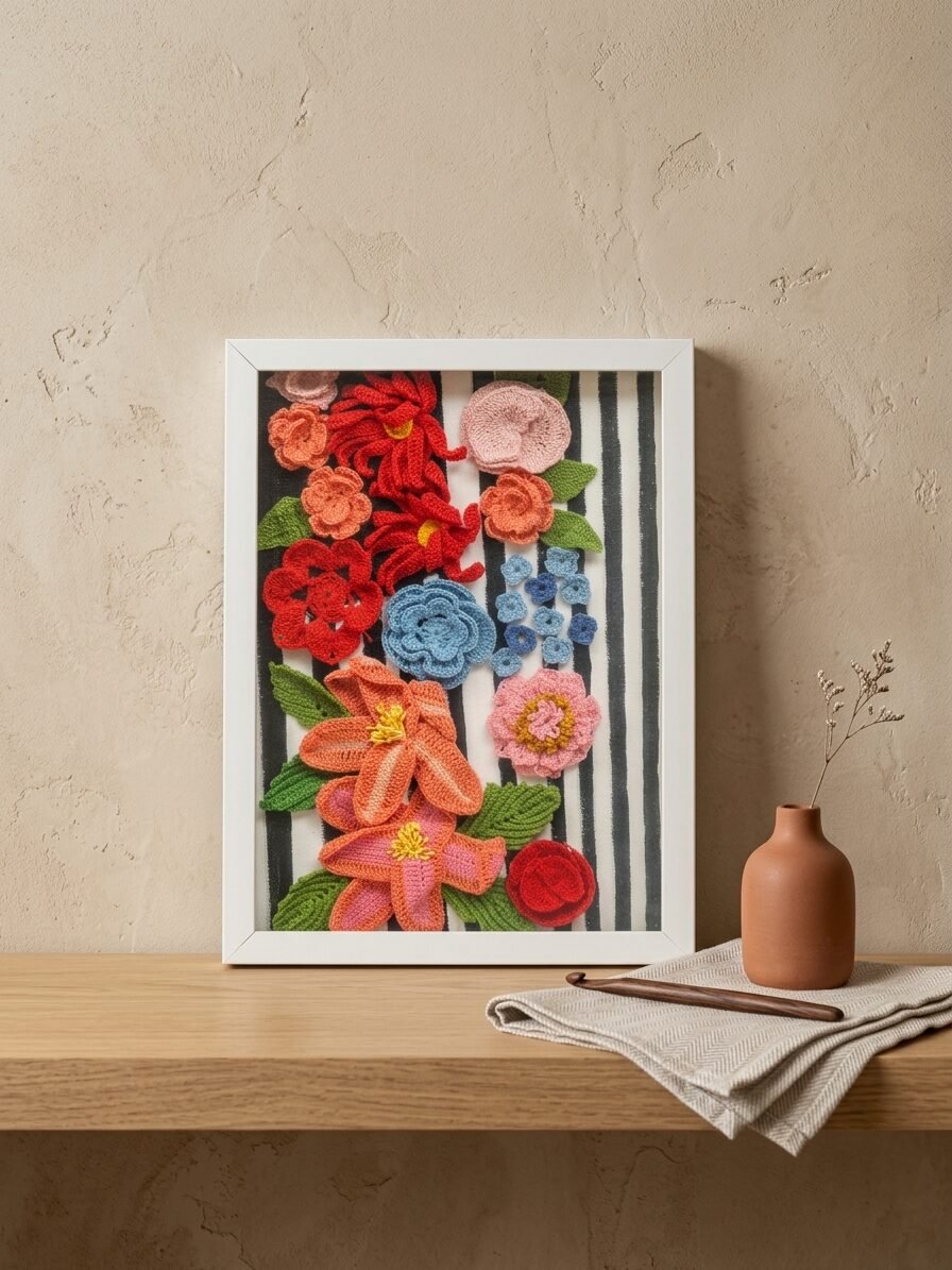 Creative textile illustration featuring flowers, greenery, and thread art design