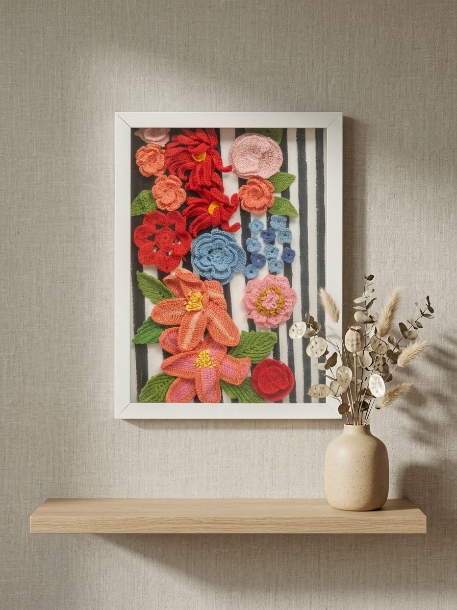 Handcrafted garden artwork showcasing floral threads and natural elements