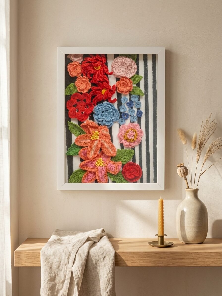 Threaded Garden artwork featuring handmade thread patterns, flowers, and botanical details