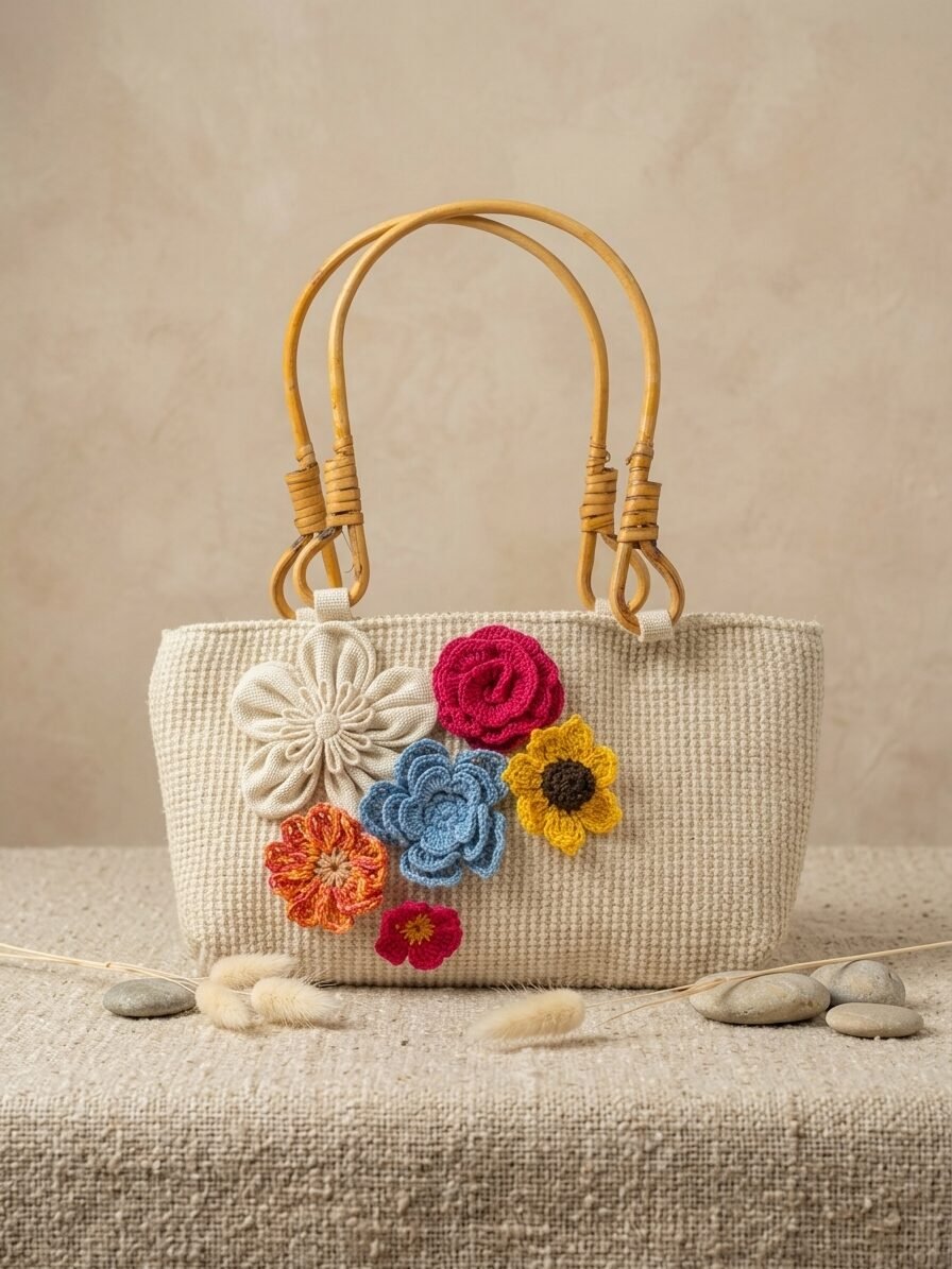 Beautiful spring inspired handbag artwork with flowers, nature elements, and creative design