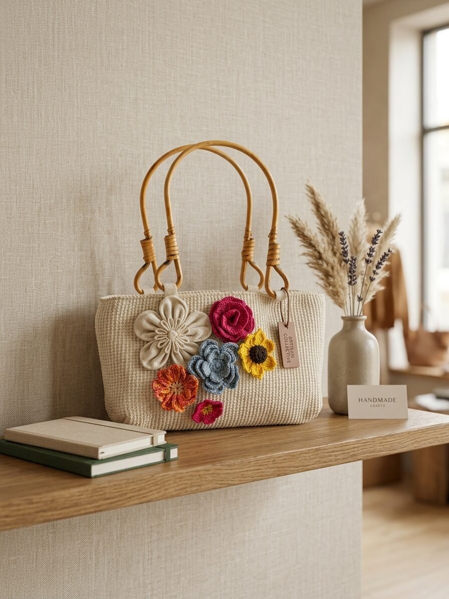 Threads of Spring handbag featuring handmade floral patterns and elegant artistic details