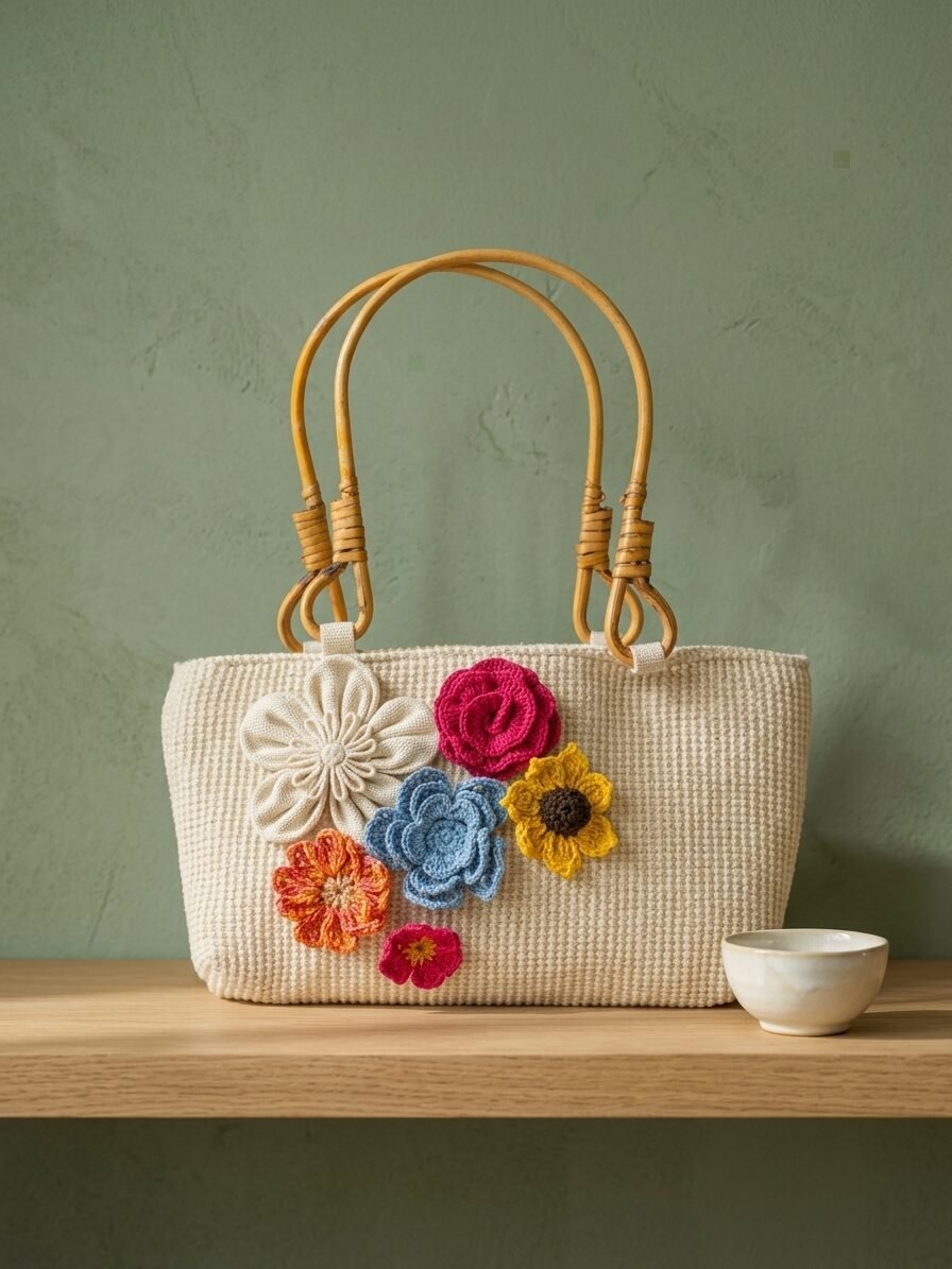 Artistic handbag illustration showcasing floral patterns and textures