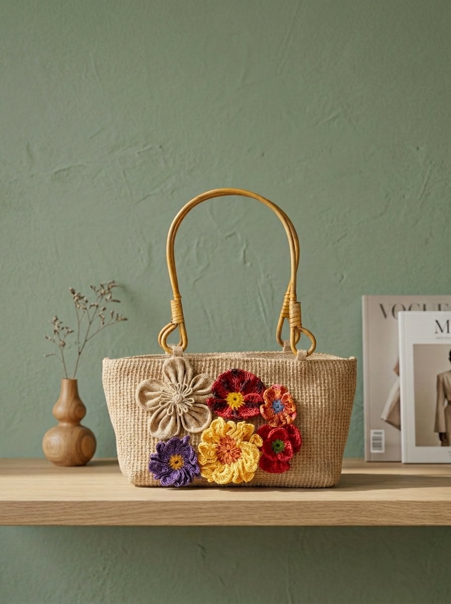 Threads of Spring Crochet Tote Bag with colourful floral appliqués and bamboo handles by Lilium and Loft