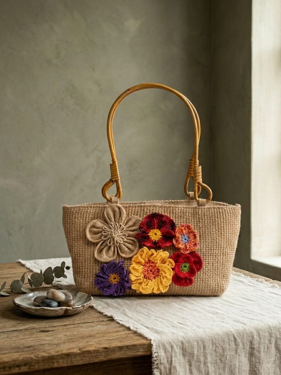 Threads of Spring handbag featuring handcrafted floral details, elegant patterns, and creative fashion artwork