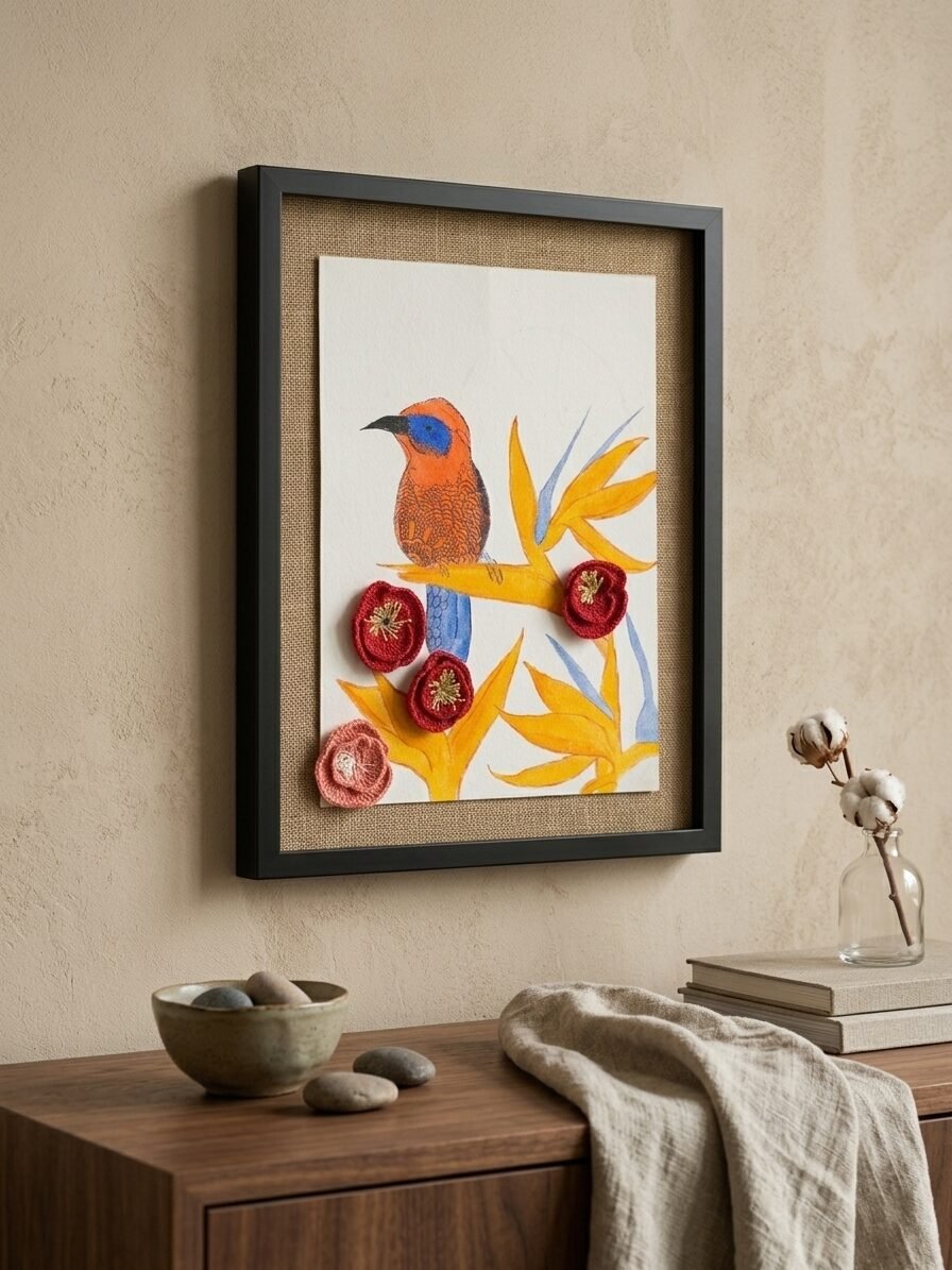 Creative wildlife illustration featuring a songbird with elegant artistic patterns