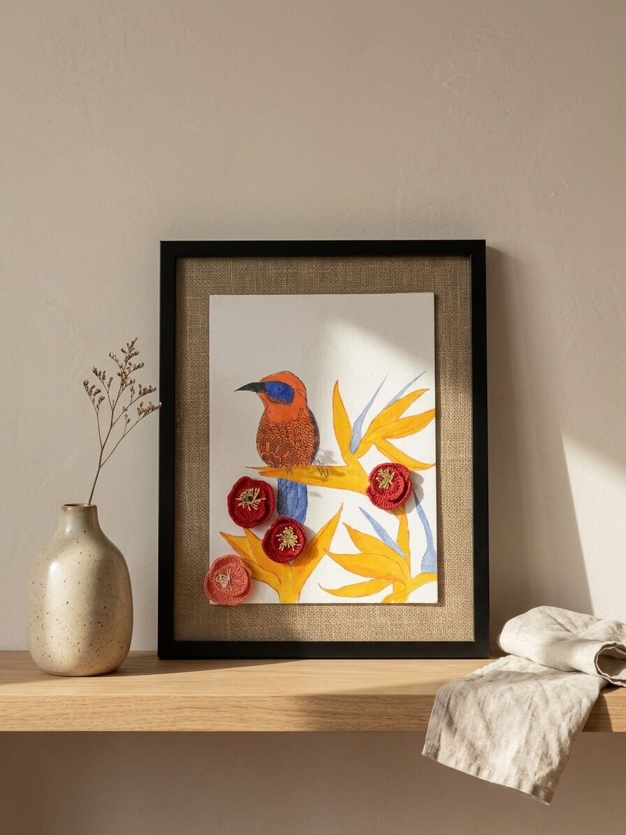 Handmade bird artwork showcasing a peaceful songbird and nature inspired design