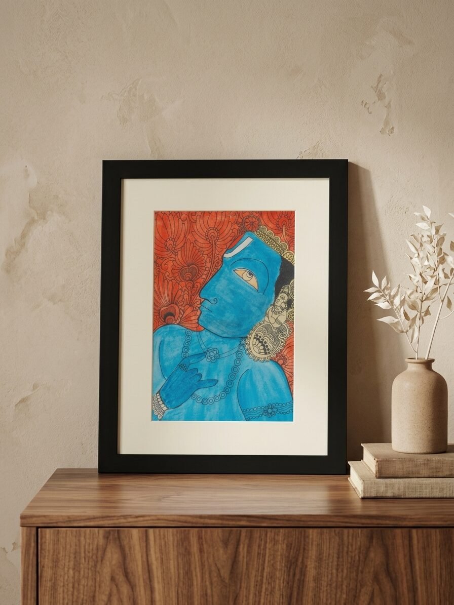 Spiritual artwork featuring Vishnu with sacred symbols and artistic expression