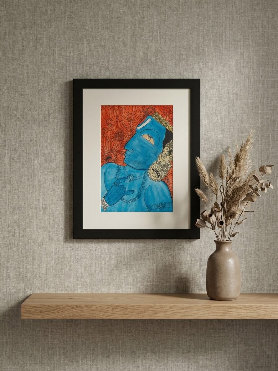Traditional Indian devotional artwork showcasing Lord Vishnu with elegant designs