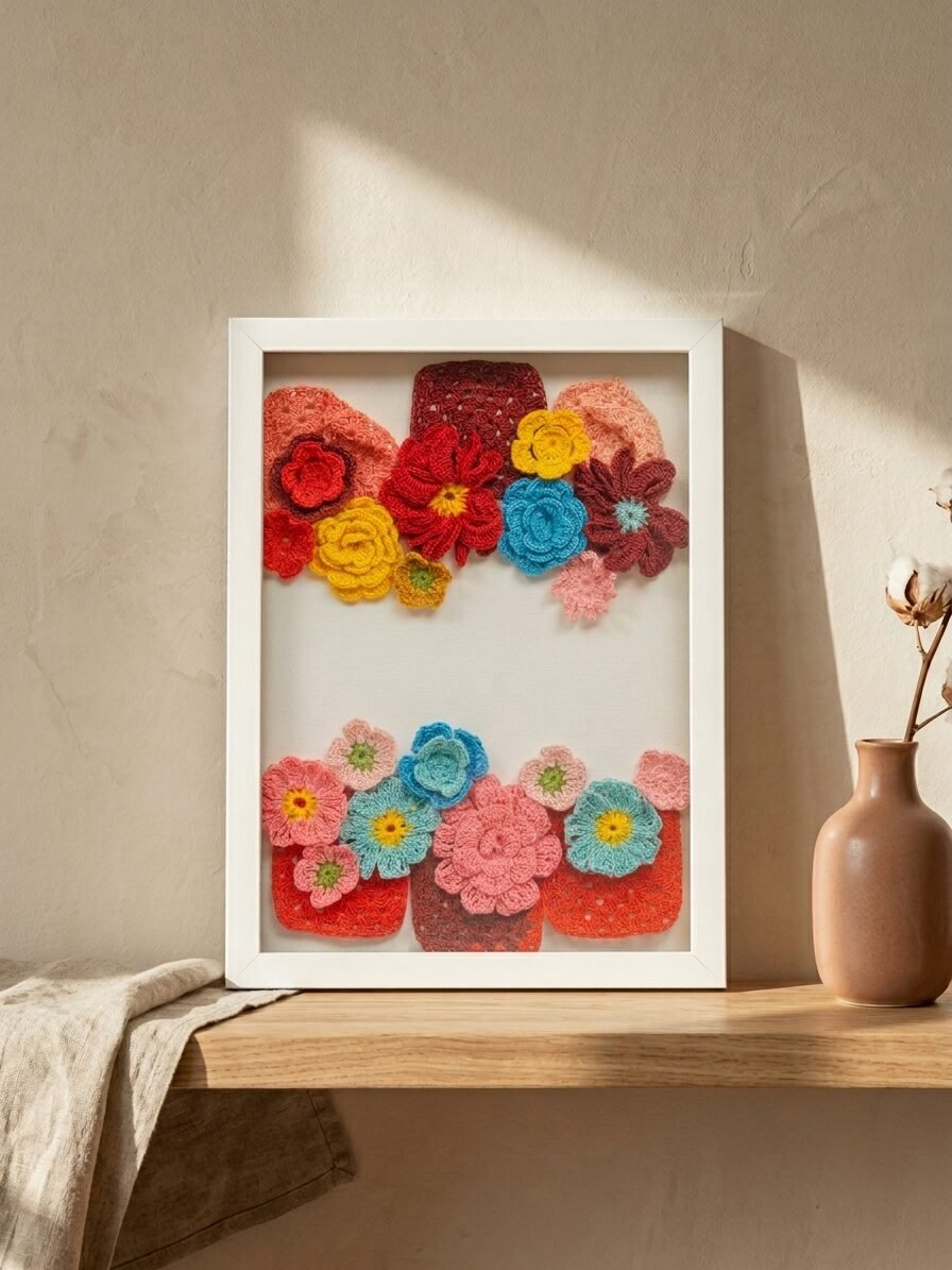 Handmade botanical artwork showcasing a vertical arrangement of plants and flowers