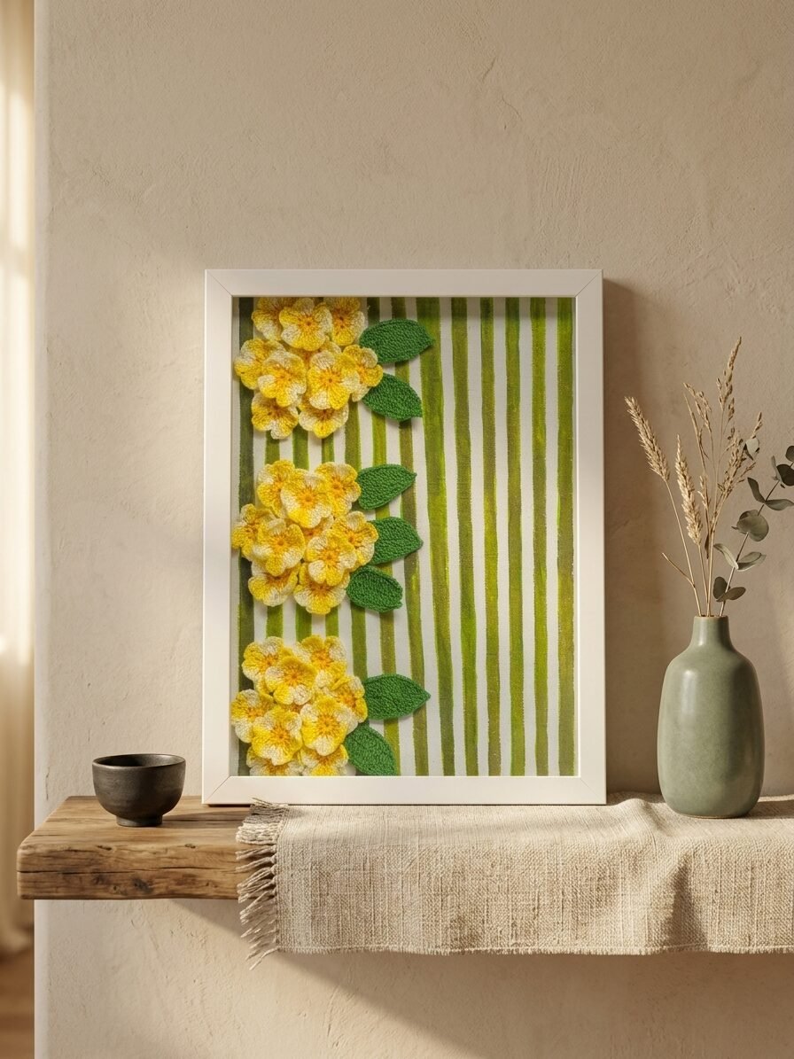 Yellow Bunches artwork featuring bright yellow flowers, floral patterns, and artistic details