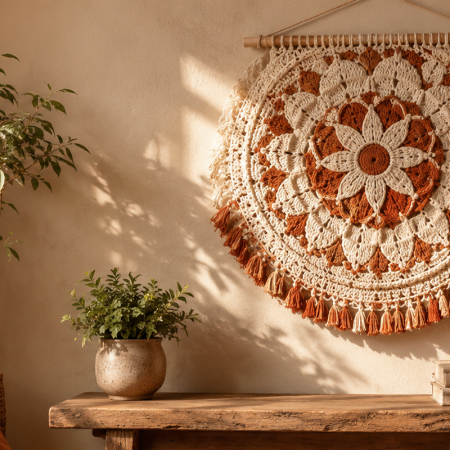 Handwoven macramé-inspired crochet wall hanging featuring elegant mandala artwork for modern home décor.