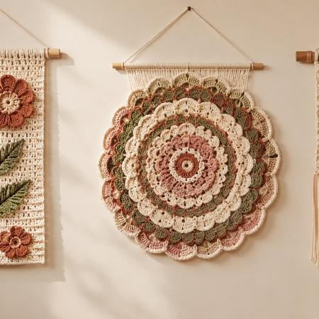 Handmade crochet mandala wall hanging featuring intricate round floral patterns in neutral earth tones for boho home décor.