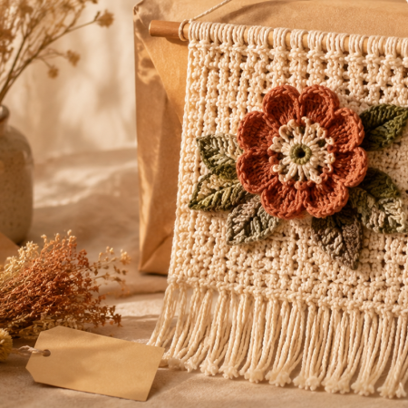Boho-style crochet wall art made from cotton yarn with detailed circular patterns for living room decoration.