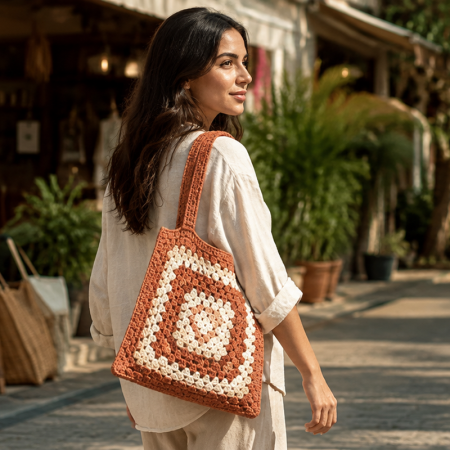 Handwoven thread women's tote bag with a stylish crochet design for everyday use.